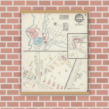 Old map wall art mockup — magnetic wood frame on brick wall — Sanborn Fire Insurance Map from East Hampton, Hampshire County, Massachusetts (1884) - Complete Map Set