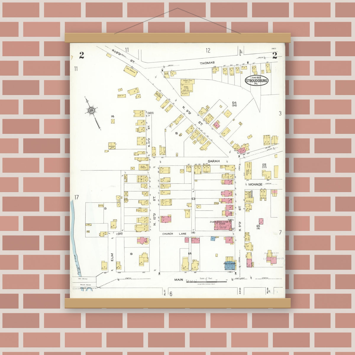 Old map wall art mockup — magnetic wood frame on brick wall — Sanborn Fire Insurance Map from Stroudsburg, Monroe County, Pennsylvania (1923), Sheet #0002