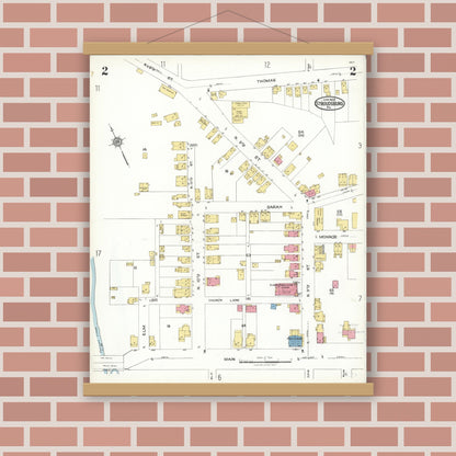 Old map wall art mockup — magnetic wood frame on brick wall — Sanborn Fire Insurance Map from Stroudsburg, Monroe County, Pennsylvania (1923), Sheet #0002