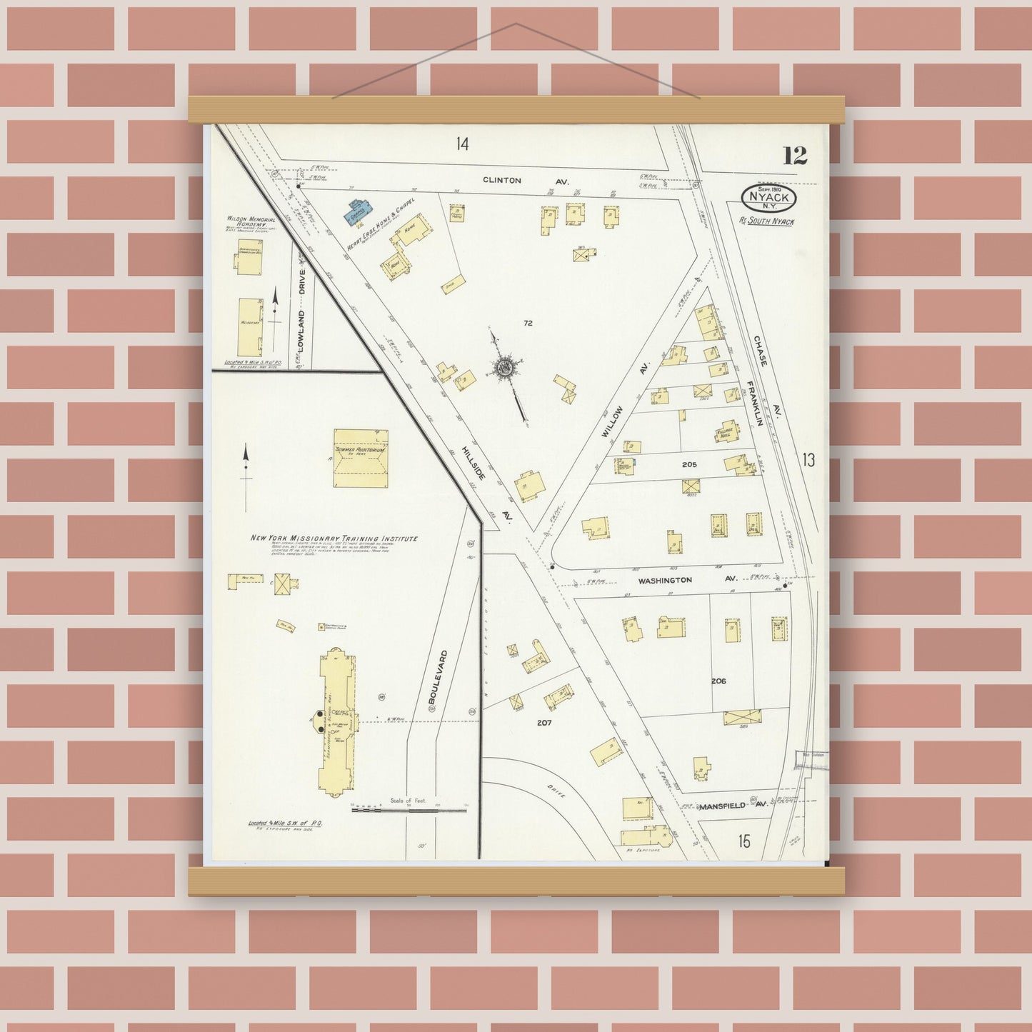 Old map wall art mockup — magnetic wood frame on brick wall — Sanborn Fire Insurance Map from Nyack, Rockland County, New York. (1910), Sheet #0012