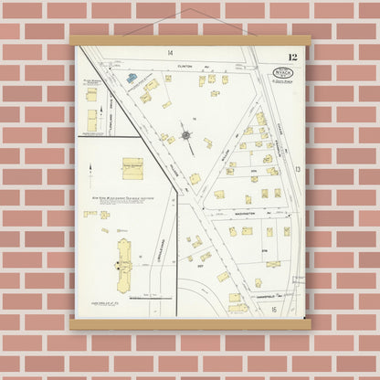 Old map wall art mockup — magnetic wood frame on brick wall — Sanborn Fire Insurance Map from Nyack, Rockland County, New York. (1910), Sheet #0012