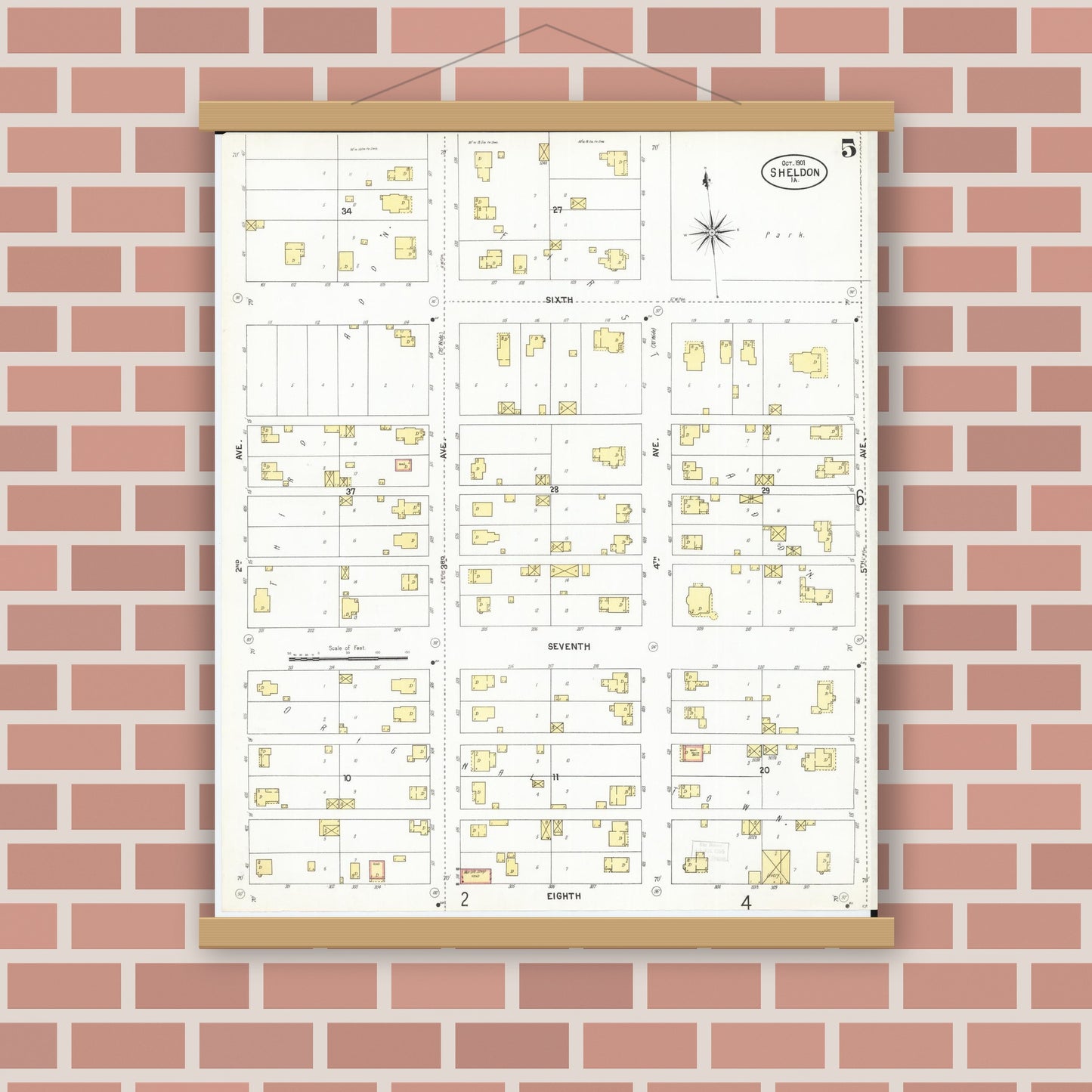 Old map wall art mockup — magnetic wood frame on brick wall — Sanborn Fire Insurance Map from Sheldon, O'Brien County, Iowa (1901), Sheet #0005
