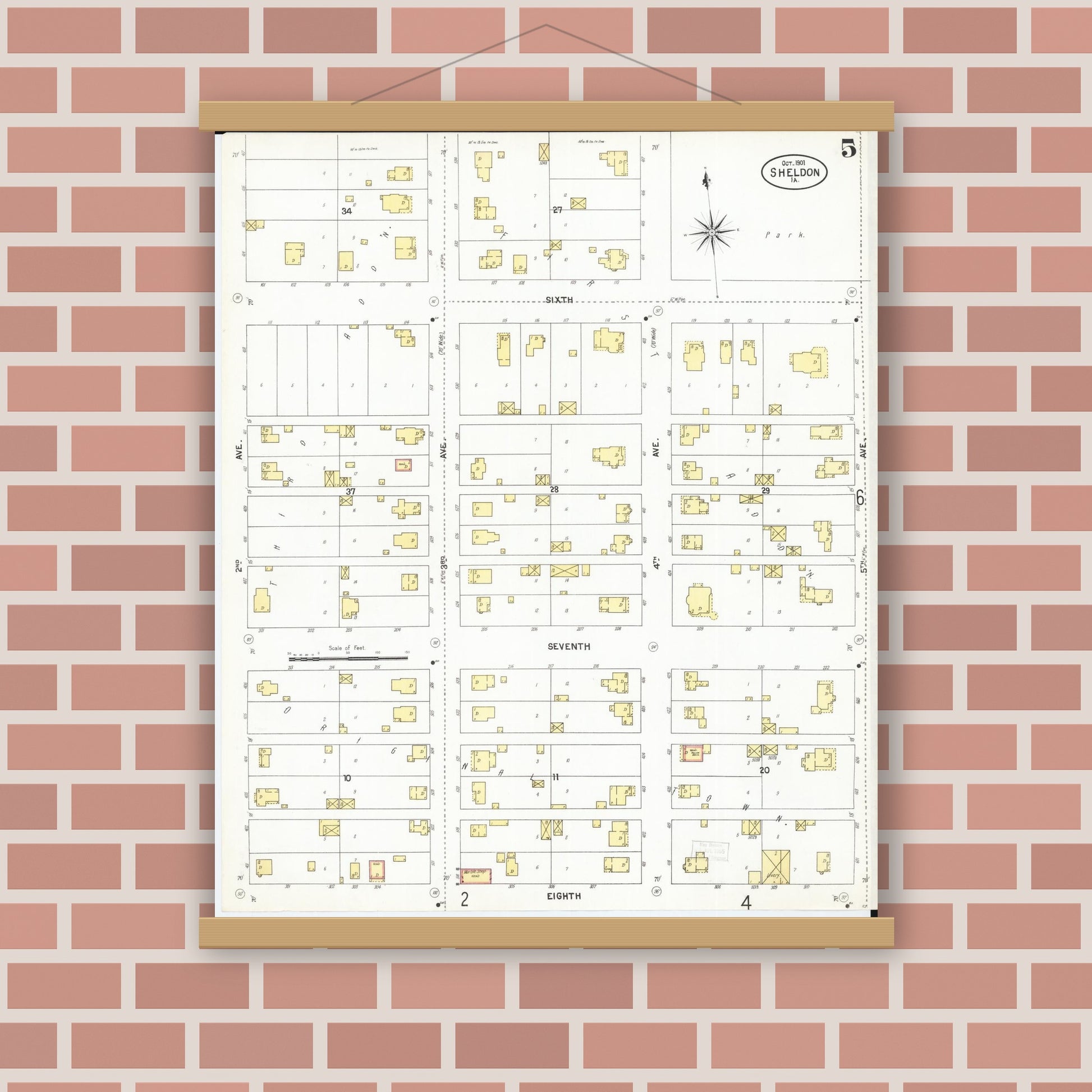 Old map wall art mockup — magnetic wood frame on brick wall — Sanborn Fire Insurance Map from Sheldon, O'Brien County, Iowa (1901), Sheet #0005