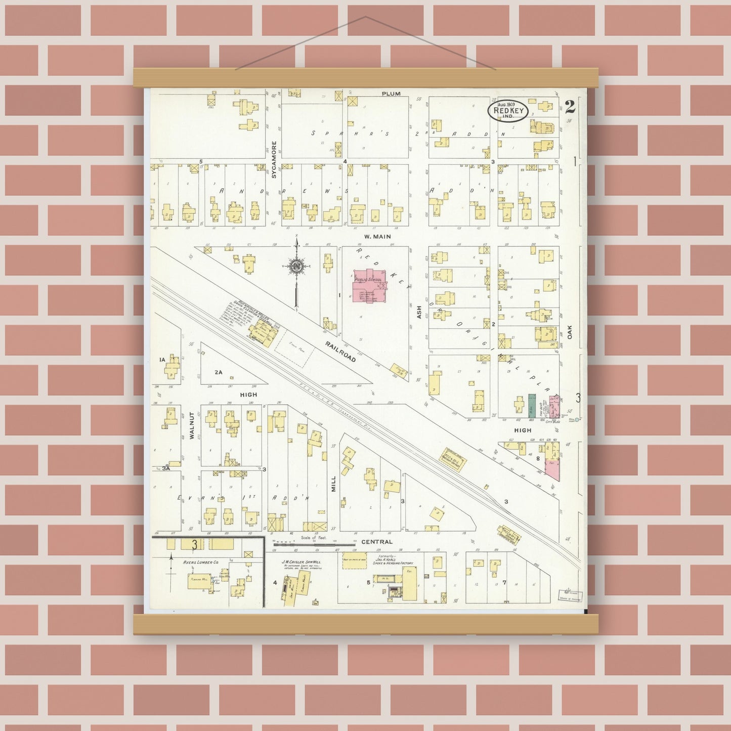 Old map wall art mockup — magnetic wood frame on brick wall — Sanborn Fire Insurance Map from Redkey, Jay County, Indiana (1909), Sheet #0002