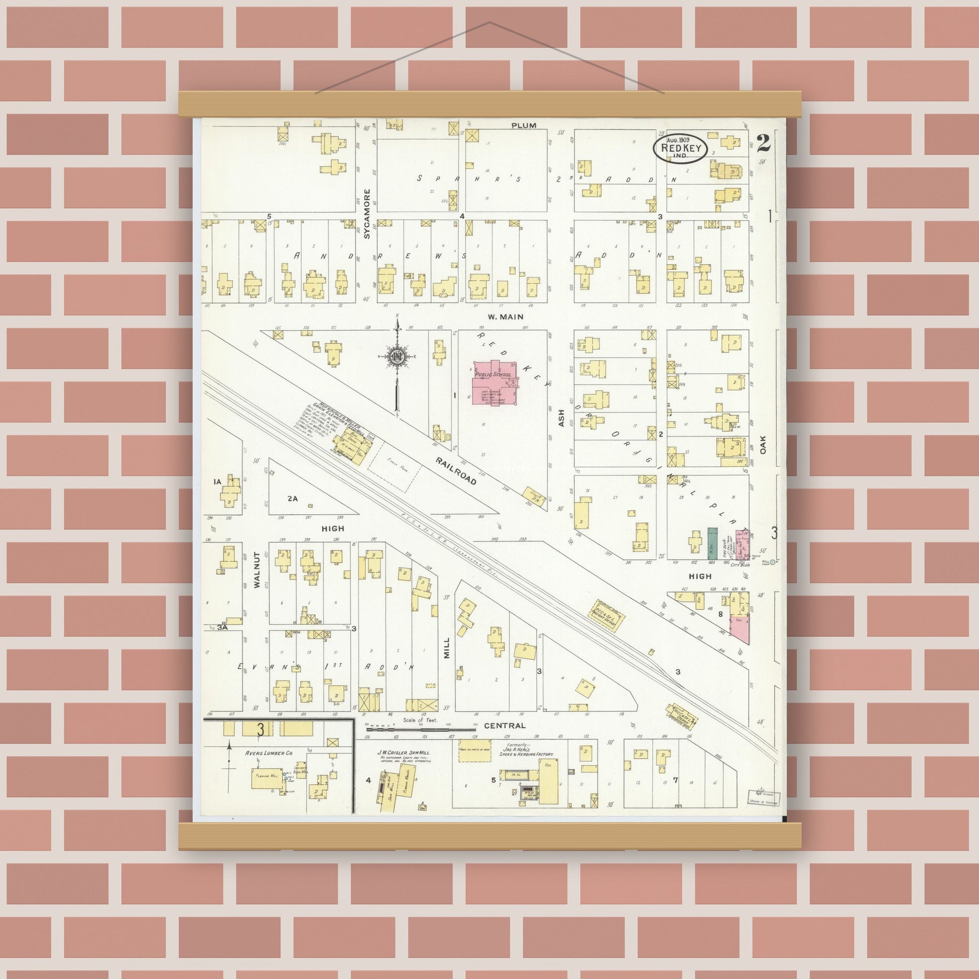 Old map wall art mockup — magnetic wood frame on brick wall — Sanborn Fire Insurance Map from Redkey, Jay County, Indiana (1909), Sheet #0002