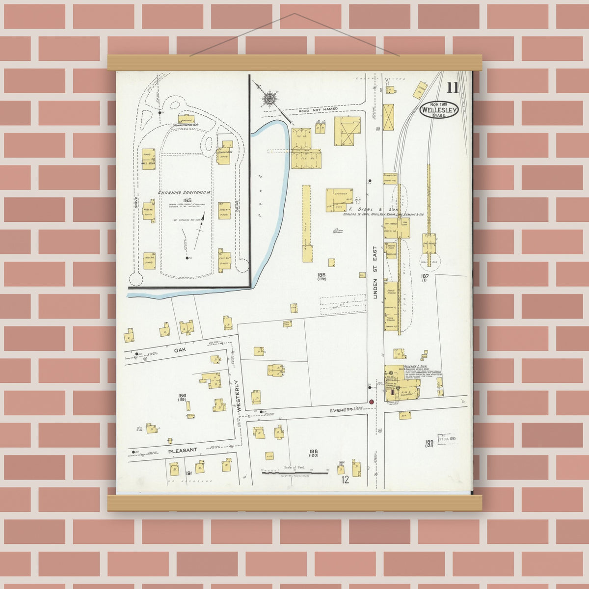 Old map wall art mockup — magnetic wood frame on brick wall — Sanborn Fire Insurance Map from Wellesley, Norfolk County, Massachusetts (1919), Sheet #0011