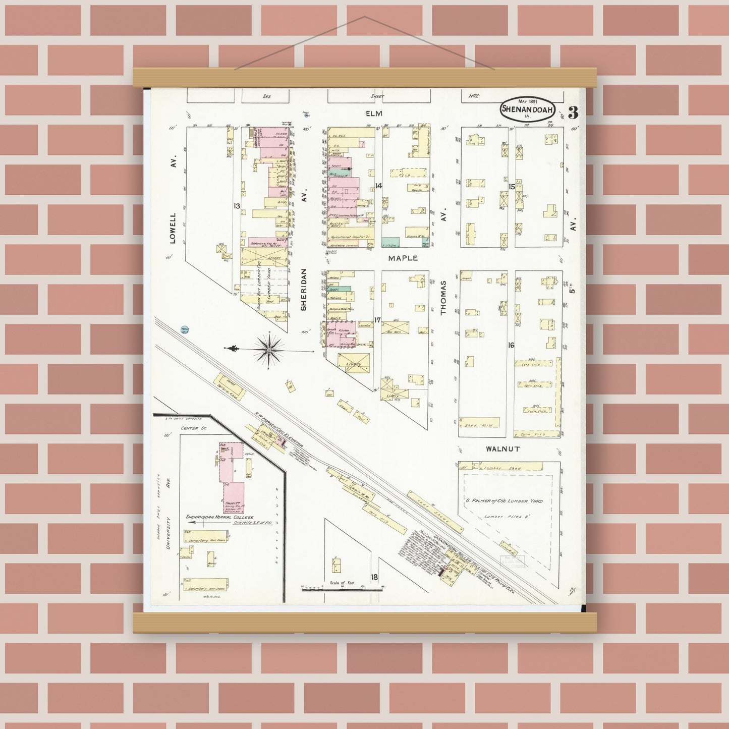 Old map wall art mockup — magnetic wood frame on brick wall — Sanborn Fire Insurance Map from Shenandoah, Page County, Iowa (1891), Sheet #0003