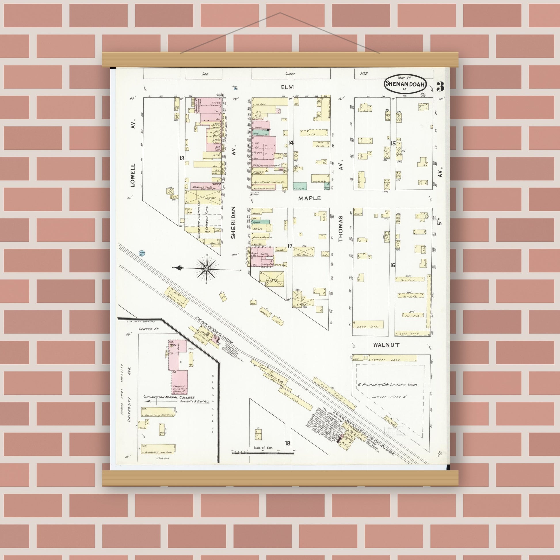 Old map wall art mockup — magnetic wood frame on brick wall — Sanborn Fire Insurance Map from Shenandoah, Page County, Iowa (1891), Sheet #0003