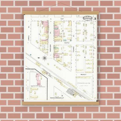 Old map wall art mockup — magnetic wood frame on brick wall — Sanborn Fire Insurance Map from Shenandoah, Page County, Iowa (1891), Sheet #0003