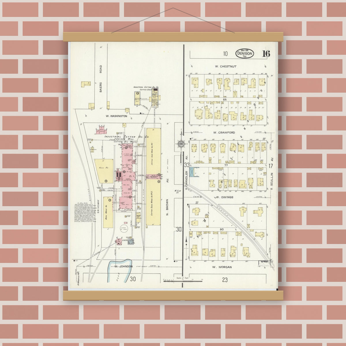Old map wall art mockup — magnetic wood frame on brick wall — Sanborn Fire Insurance Map from Denison, Grayson County, Texas (1914), Sheet #0016