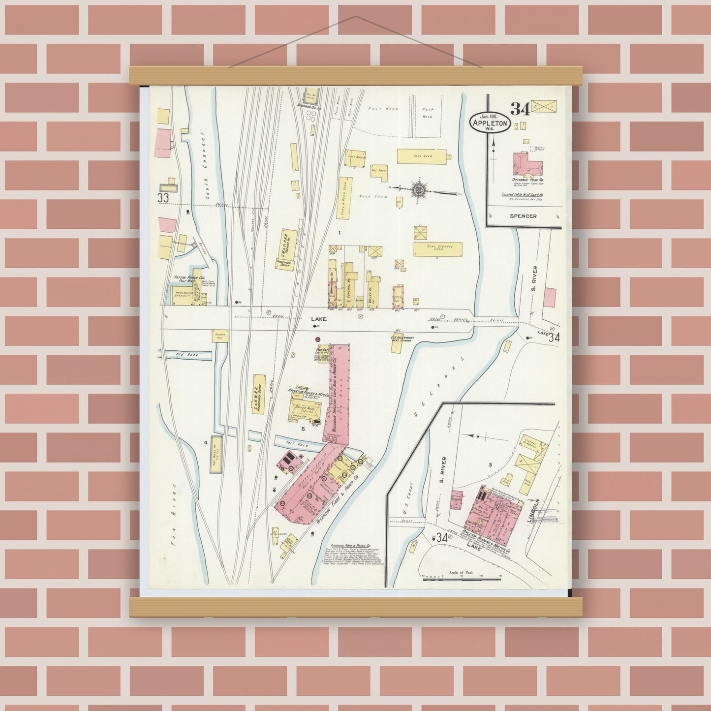 Old map wall art mockup — magnetic wood frame on brick wall — Sanborn Fire Insurance Map from Appleton, Outagamie County, Wisconsin (1911), Sheet #0034