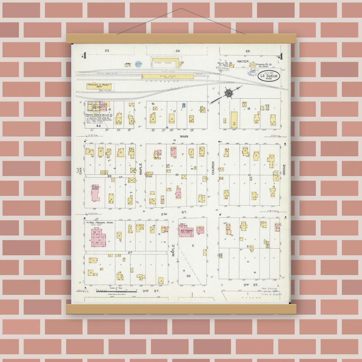 Old map wall art mockup — magnetic wood frame on brick wall — Sanborn Fire Insurance Map from Le Sueur, Le Sueur County, Minnesota (1924), Sheet #0004