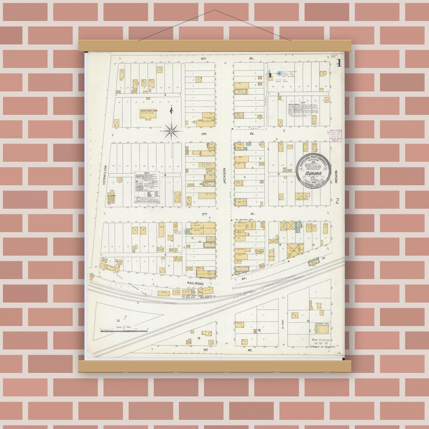 Old map wall art mockup — magnetic wood frame on brick wall — Sanborn Fire Insurance Map from Aurora, Saint Louis County, Minnesota (1906), Sheet #0001