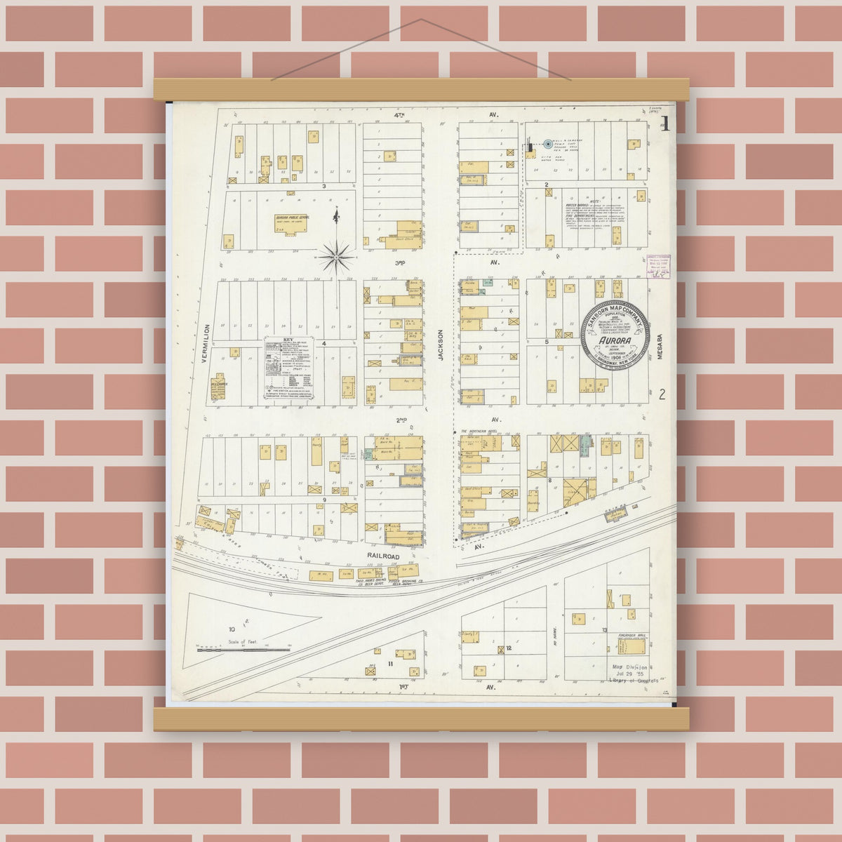 Old map wall art mockup — magnetic wood frame on brick wall — Sanborn Fire Insurance Map from Aurora, Saint Louis County, Minnesota (1906), Sheet #0001
