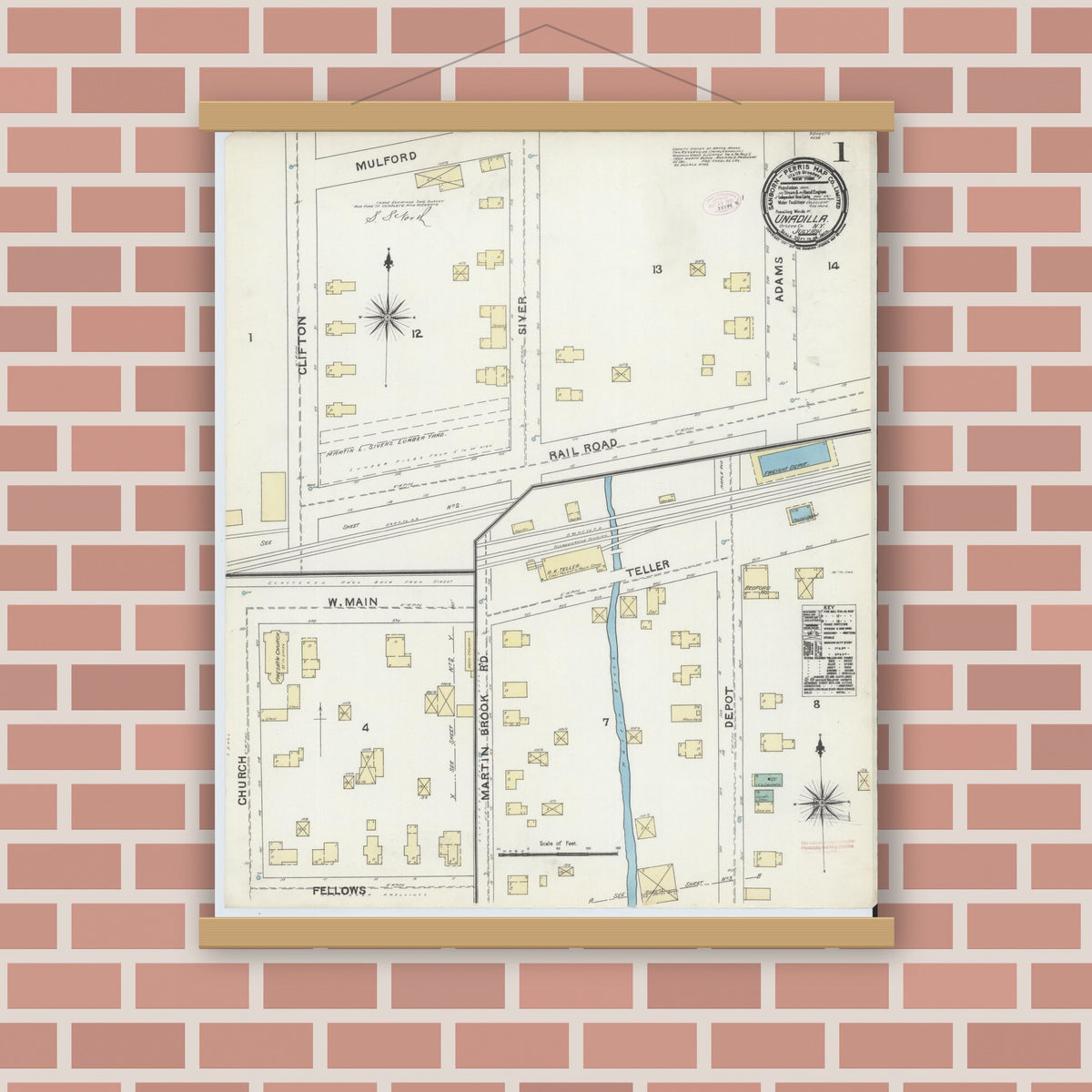 Old map wall art mockup — magnetic wood frame on brick wall — Sanborn Fire Insurance Map from Unadilla, Otsego County, New York (1891) - Complete Map Set