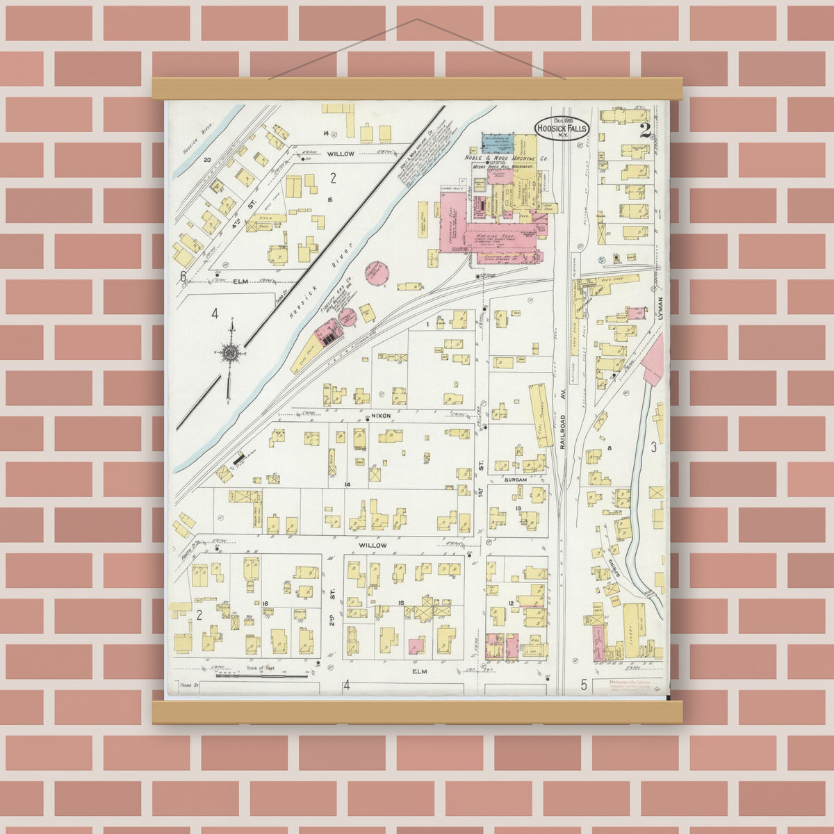 Old map wall art mockup — magnetic wood frame on brick wall — Sanborn Fire Insurance Map from Hoosick Falls, Rensselaer County, New York (1910) - Complete Map Set