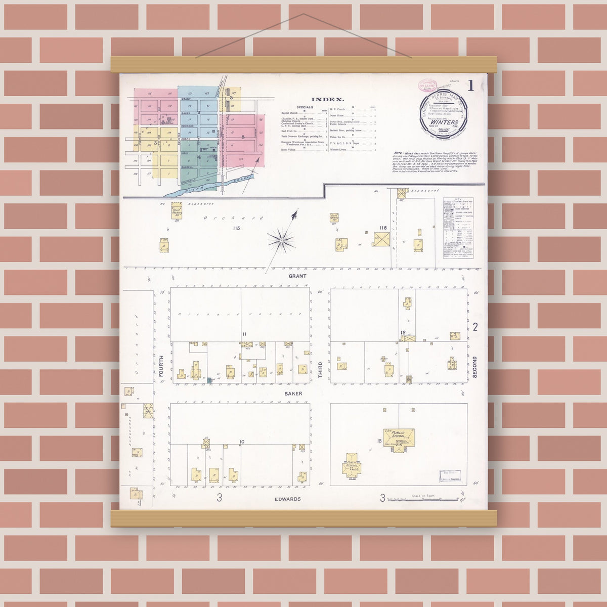 Old map wall art mockup — magnetic wood frame on brick wall — Sanborn Fire Insurance Map from Winters, Yolo County, California (1897) - Complete Map Set