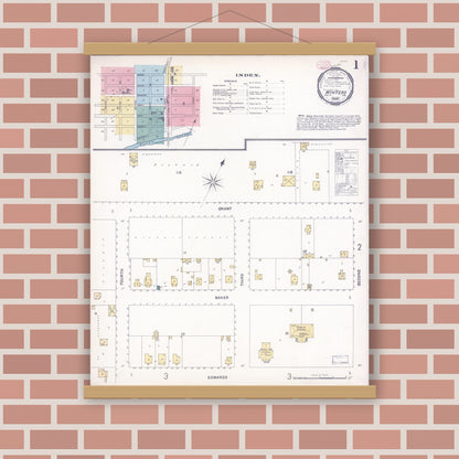 Old map wall art mockup — magnetic wood frame on brick wall — Sanborn Fire Insurance Map from Winters, Yolo County, California (1897) - Complete Map Set