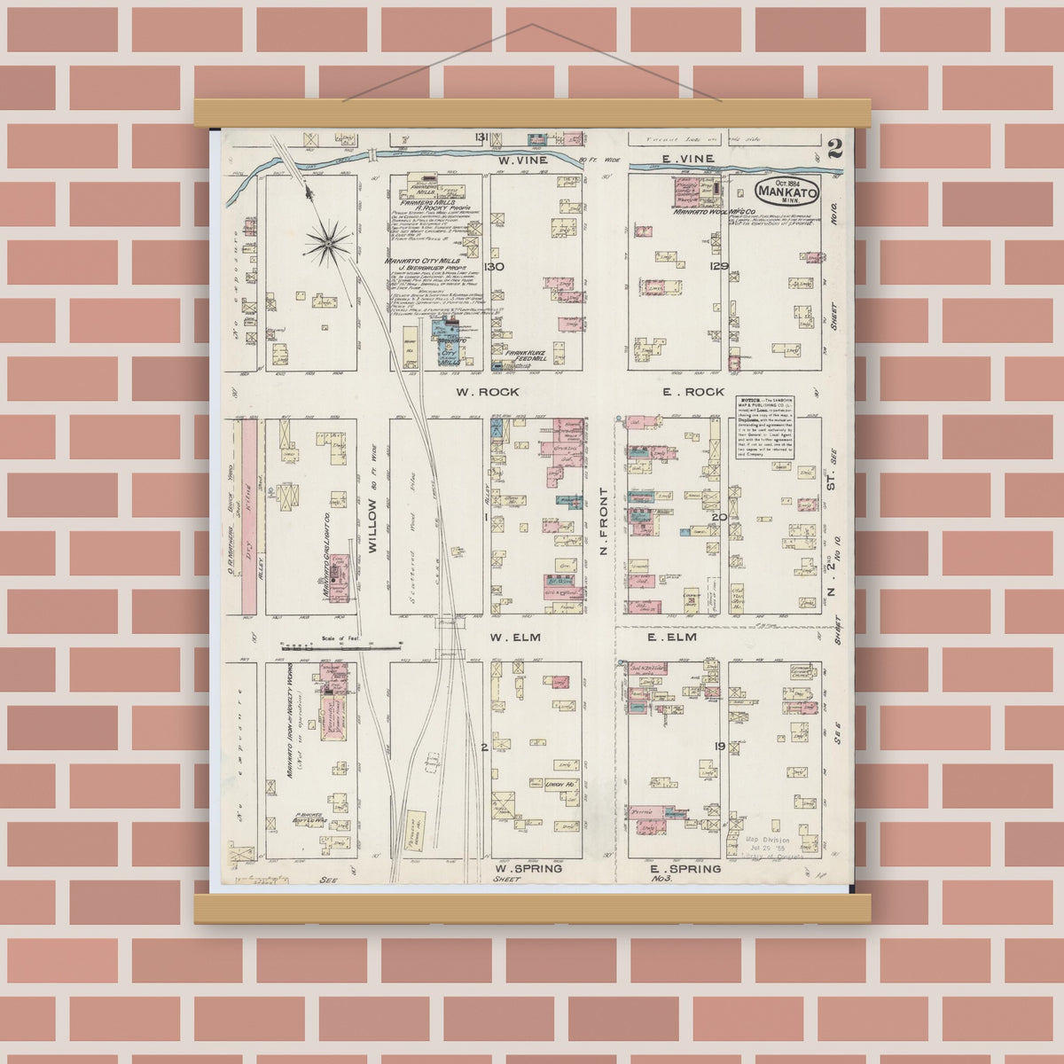 Old map wall art mockup — magnetic wood frame on brick wall — Sanborn Fire Insurance Map from Mankato, Blue Earth County, Minnesota (1884), Sheet #0002