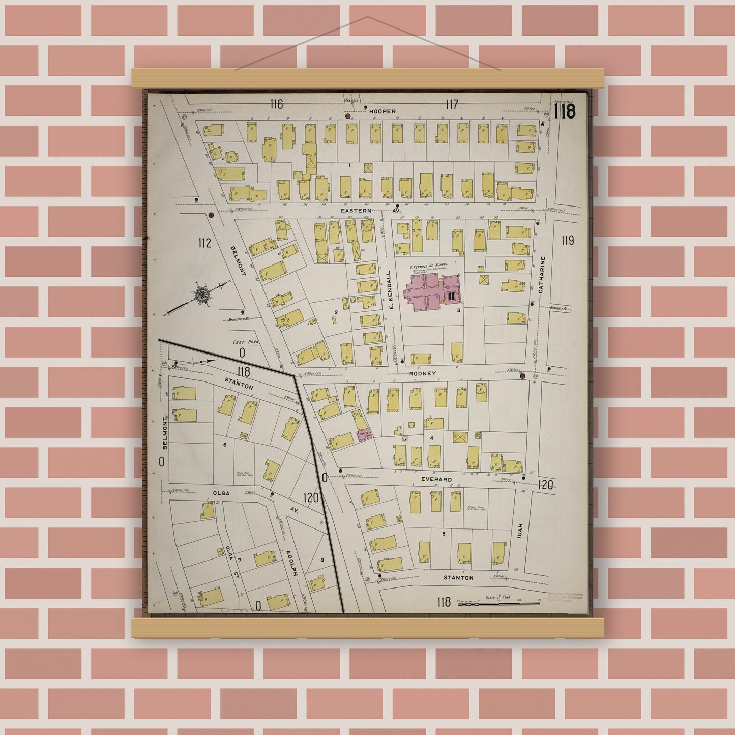 Old map wall art mockup — magnetic wood frame on brick wall — Sanborn Fire Insurance Map from Worcester, Worcester County, Massachusetts (1910), Sheet #0118