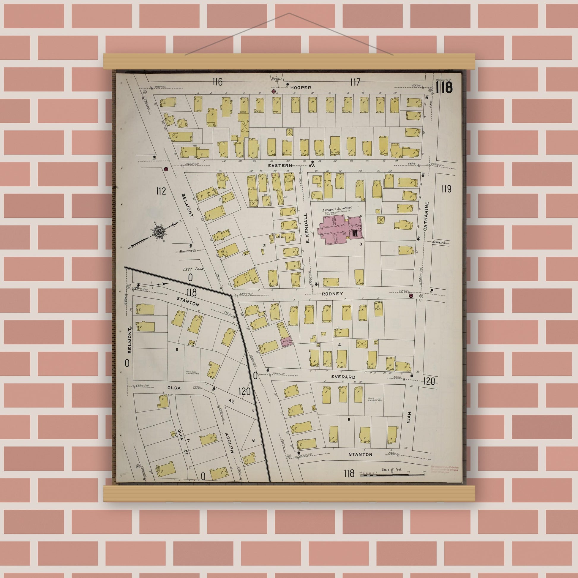 Old map wall art mockup — magnetic wood frame on brick wall — Sanborn Fire Insurance Map from Worcester, Worcester County, Massachusetts (1910), Sheet #0118
