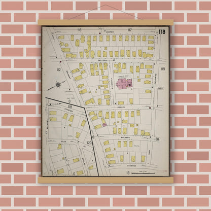 Old map wall art mockup — magnetic wood frame on brick wall — Sanborn Fire Insurance Map from Worcester, Worcester County, Massachusetts (1910), Sheet #0118