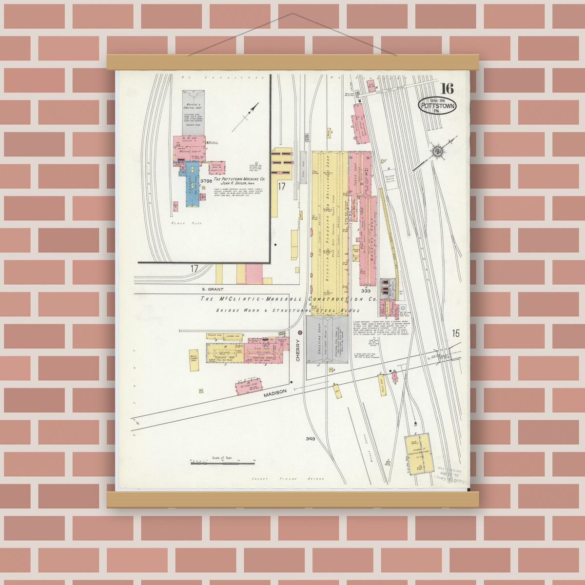 Old map wall art mockup — magnetic wood frame on brick wall — Sanborn Fire Insurance Map from Pottstown, Montgomery County, Pennsylvania (1916), Sheet #0016