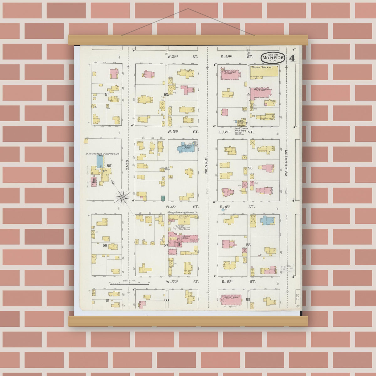 Old map wall art mockup — magnetic wood frame on brick wall — Sanborn Fire Insurance Map from Monroe, Monroe County, Michigan (1893), Sheet #0004