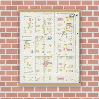 Old map wall art mockup — magnetic wood frame on brick wall — Sanborn Fire Insurance Map from Monroe, Monroe County, Michigan (1893), Sheet #0004