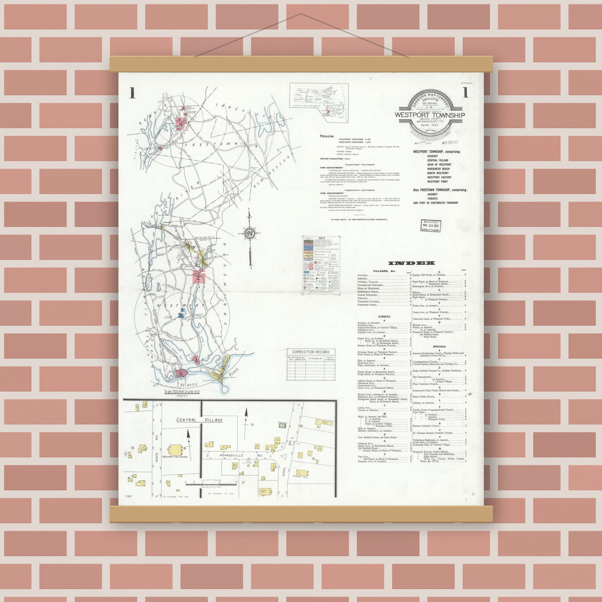 Old map wall art mockup — magnetic wood frame on brick wall — Sanborn Fire Insurance Map from Westport Township, Bristol County, Massachusetts (1933) - Complete Map Set