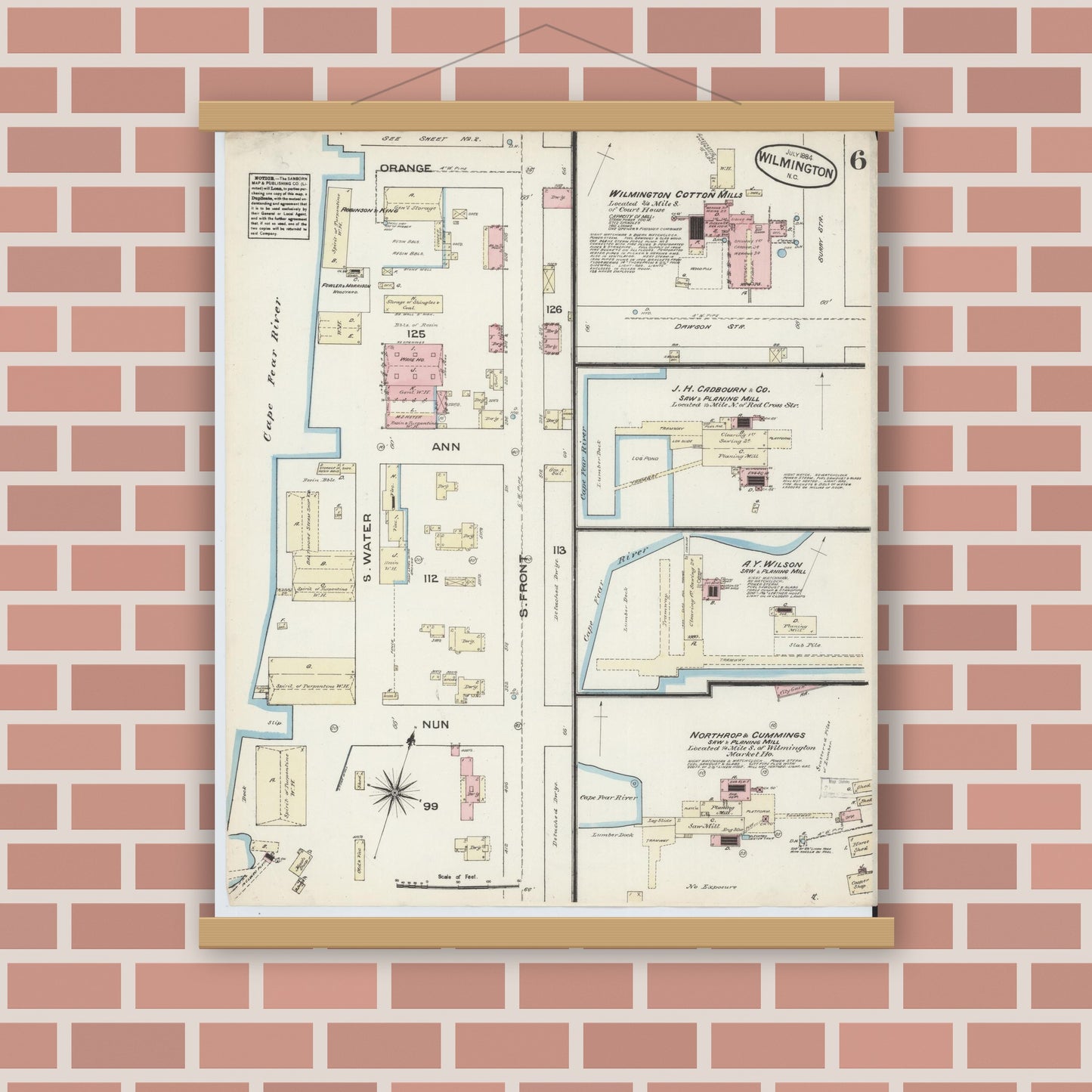 Old map wall art mockup — magnetic wood frame on brick wall — Sanborn Fire Insurance Map from Wilmington, New Hanover County, North Carolina (1884), Sheet #0006