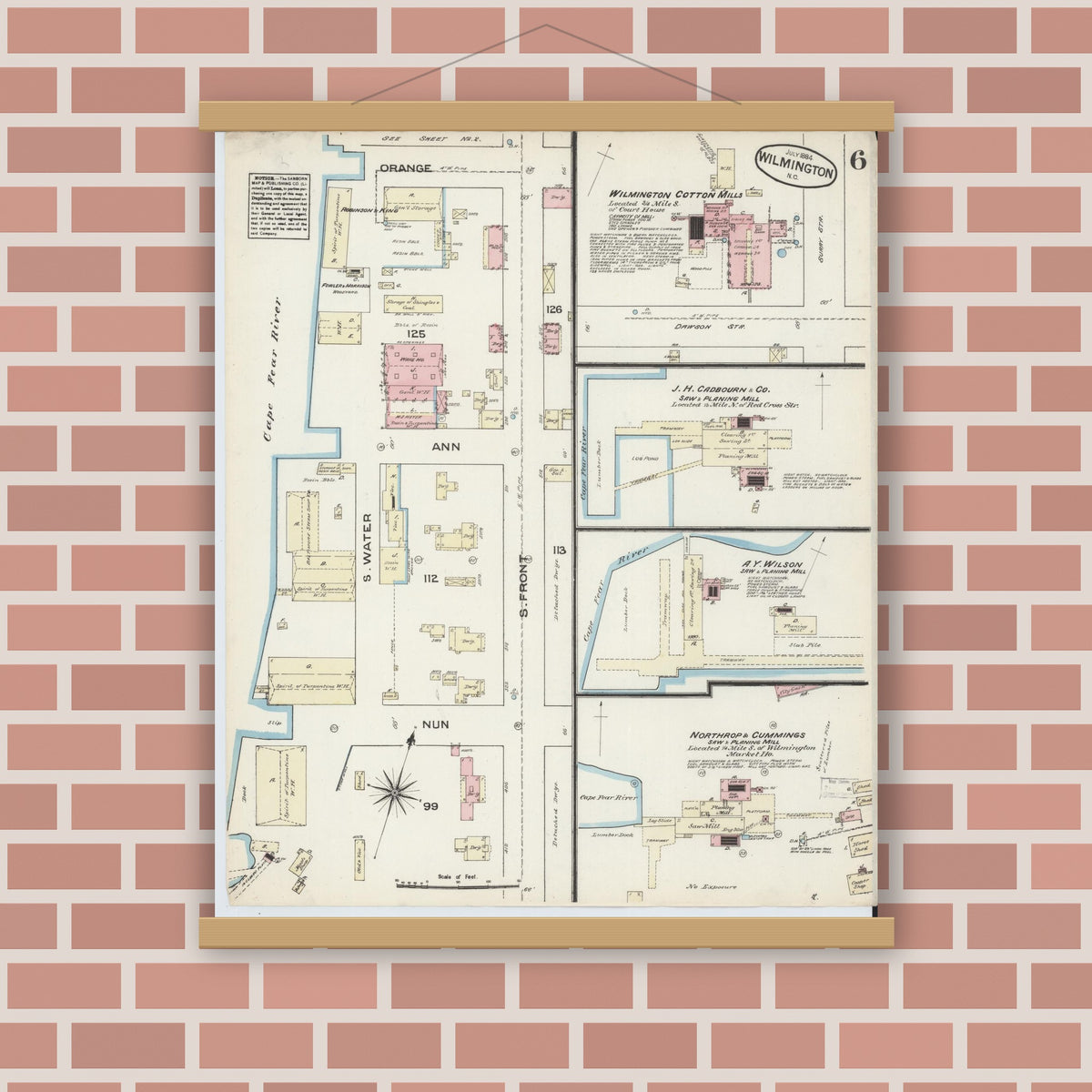 Old map wall art mockup — magnetic wood frame on brick wall — Sanborn Fire Insurance Map from Wilmington, New Hanover County, North Carolina (1884), Sheet #0006