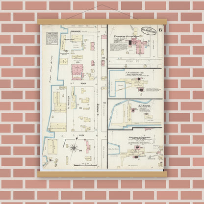 Old map wall art mockup — magnetic wood frame on brick wall — Sanborn Fire Insurance Map from Wilmington, New Hanover County, North Carolina (1884), Sheet #0006
