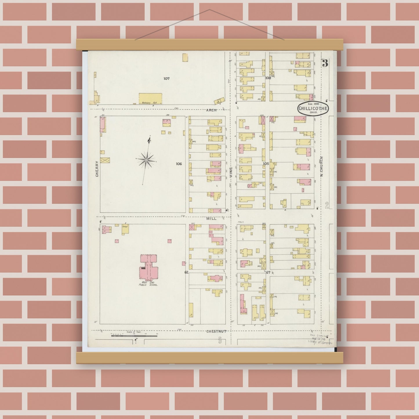 Old map wall art mockup — magnetic wood frame on brick wall — Sanborn Fire Insurance Map from Chillicothe, Ross County, Ohio (1895), Sheet #0003