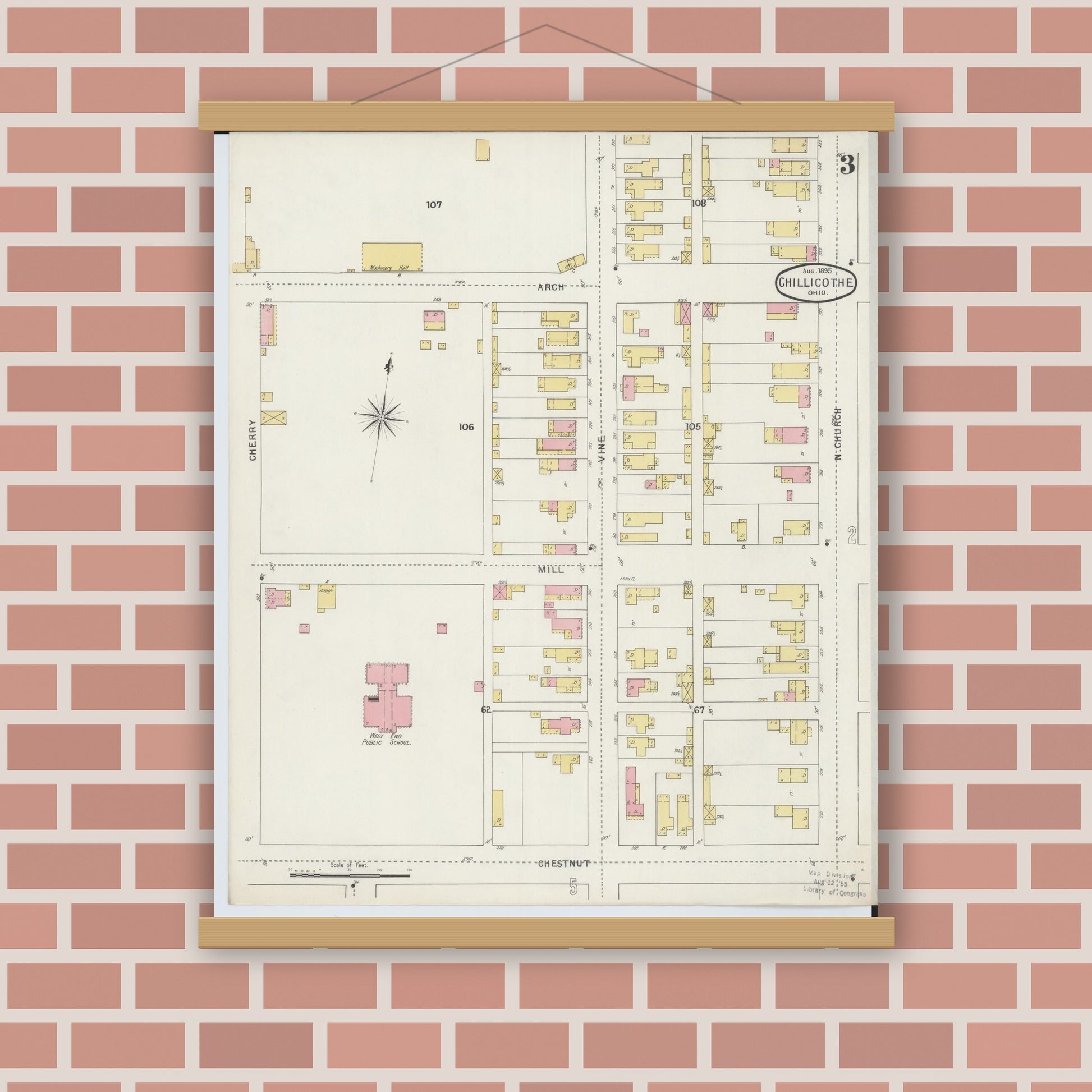 Old map wall art mockup — magnetic wood frame on brick wall — Sanborn Fire Insurance Map from Chillicothe, Ross County, Ohio (1895), Sheet #0003