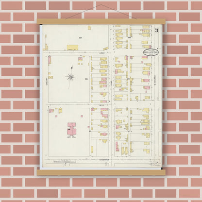 Old map wall art mockup — magnetic wood frame on brick wall — Sanborn Fire Insurance Map from Chillicothe, Ross County, Ohio (1895), Sheet #0003