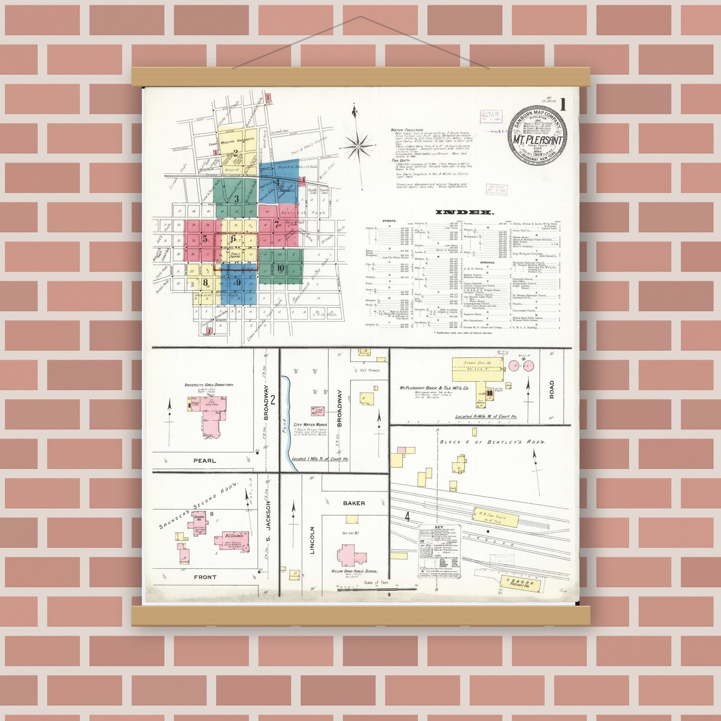 Old map wall art mockup — magnetic wood frame on brick wall — Sanborn Fire Insurance Map from Mount Pleasant, Henry County, Iowa (1909) â€” Complete Set