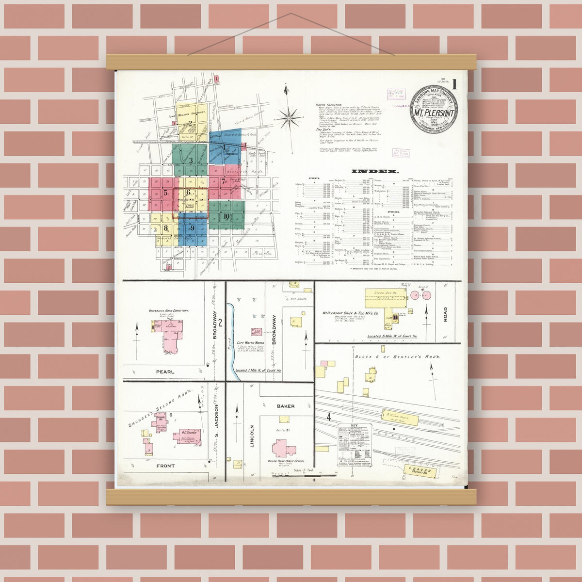 Old map wall art mockup — magnetic wood frame on brick wall — Sanborn Fire Insurance Map from Mount Pleasant, Henry County, Iowa (1909) â€” Complete Set