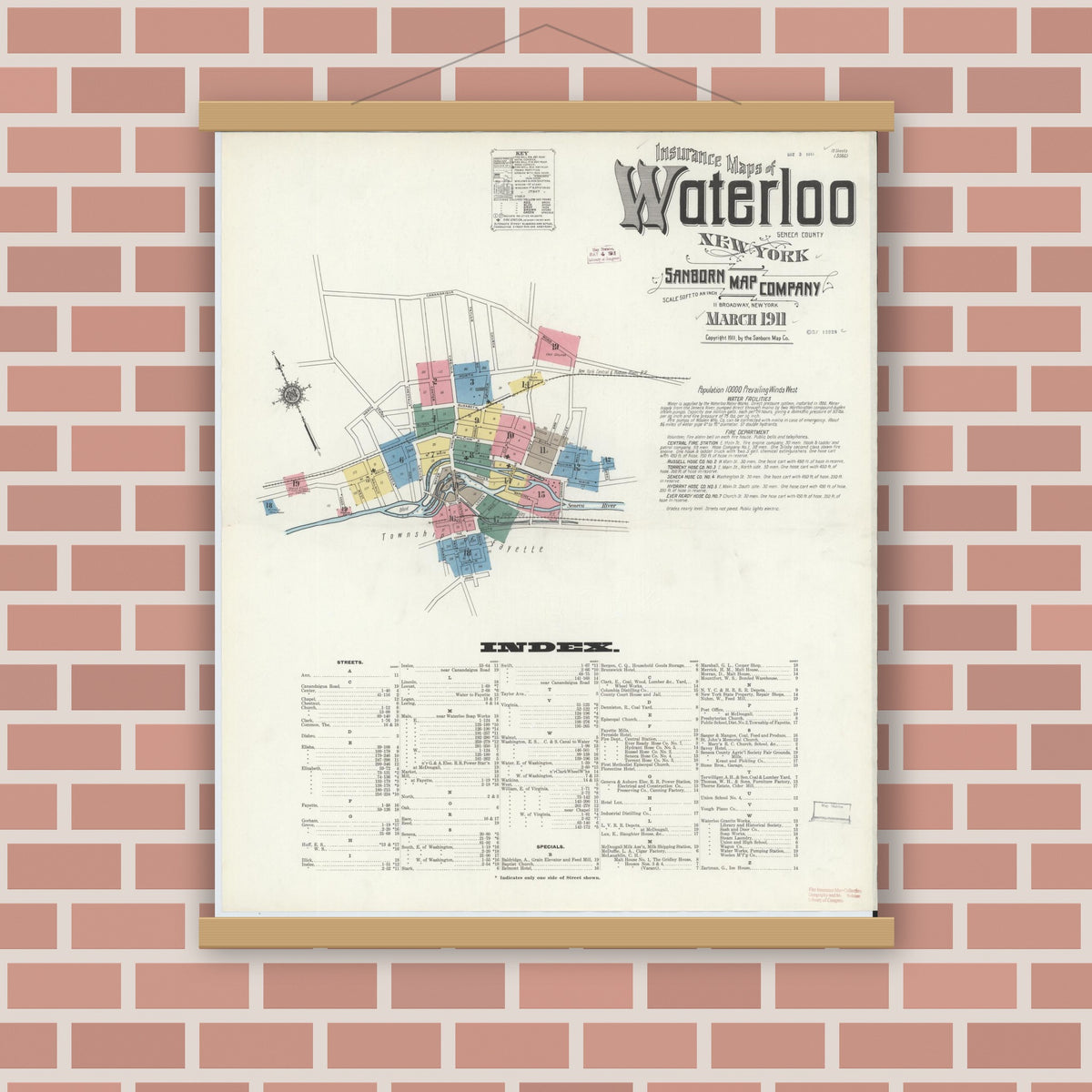 Old map wall art mockup — magnetic wood frame on brick wall — Sanborn Fire Insurance Map from Waterloo, Seneca County, New York (1911) - Complete Map Set