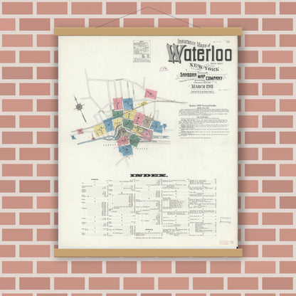 Old map wall art mockup — magnetic wood frame on brick wall — Sanborn Fire Insurance Map from Waterloo, Seneca County, New York (1911) - Complete Map Set