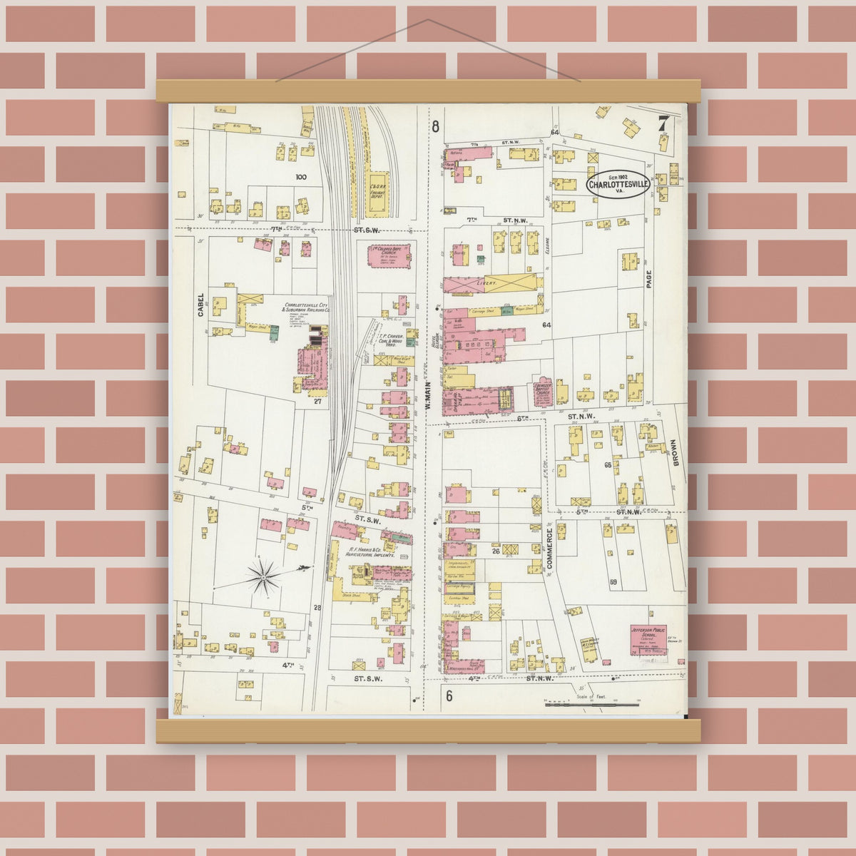 Old map wall art mockup — magnetic wood frame on brick wall — Sanborn Fire Insurance Map from Charlottesville, Independent Cities, Virginia (1902), Sheet #0007