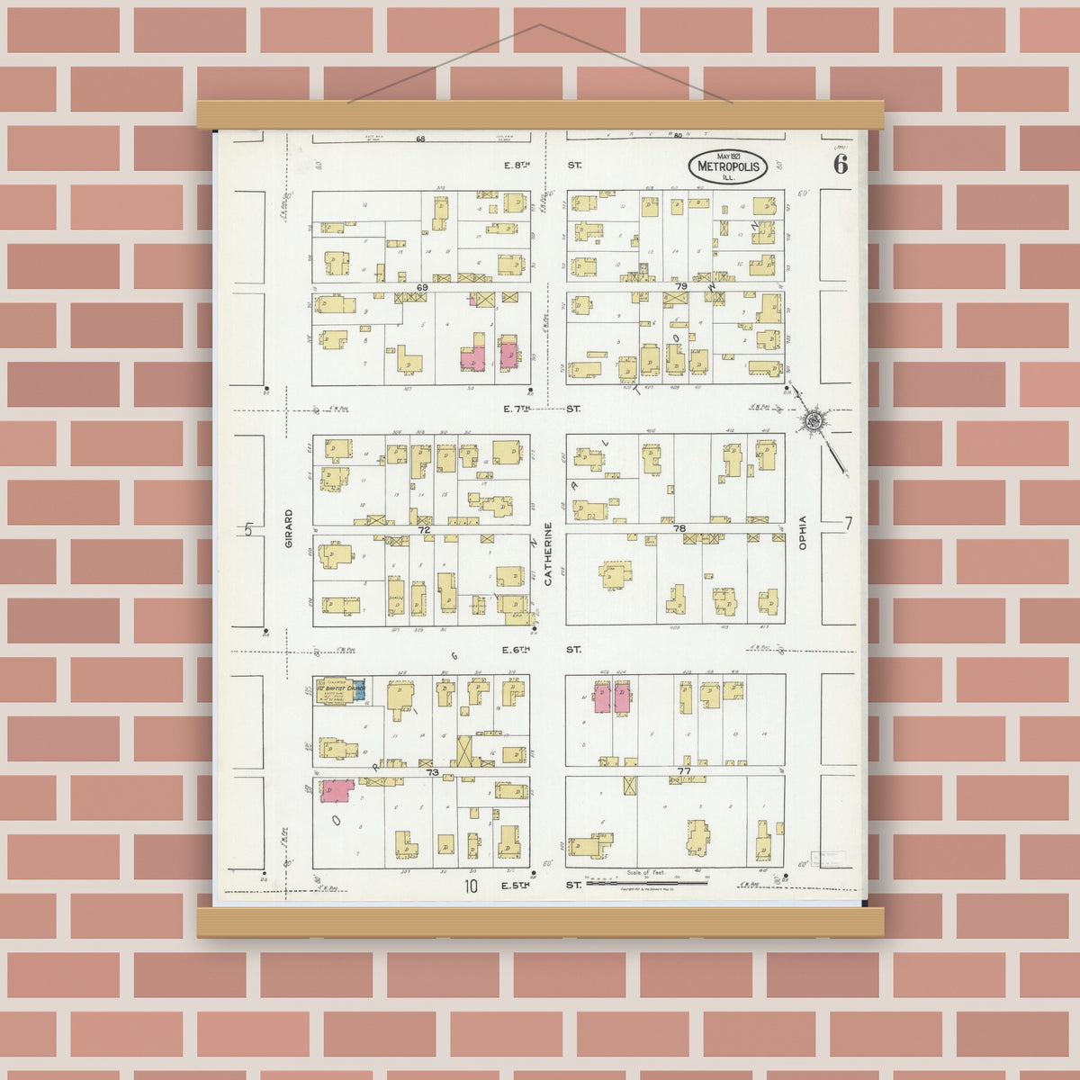 Old map wall art mockup — magnetic wood frame on brick wall — Sanborn Fire Insurance Map from Metropolis, Massac County, Illinois (1921), Sheet #0006