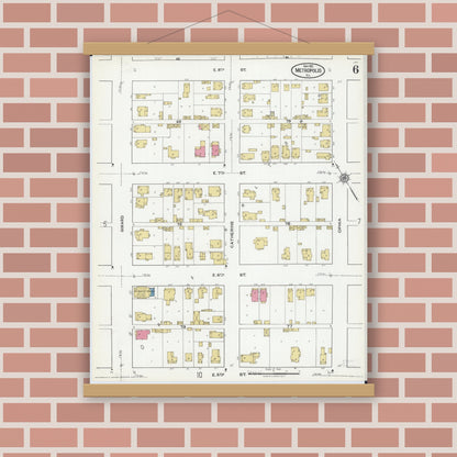 Old map wall art mockup — magnetic wood frame on brick wall — Sanborn Fire Insurance Map from Metropolis, Massac County, Illinois (1921), Sheet #0006