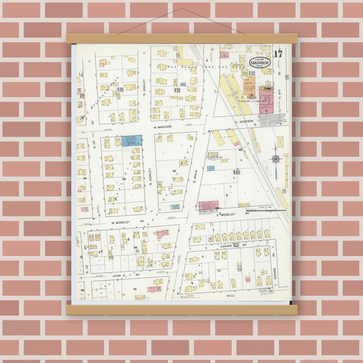 Old map wall art mockup — magnetic wood frame on brick wall — Sanborn Fire Insurance Map from Ann Arbor, Washtenaw County, Michigan (1916), Sheet #0017