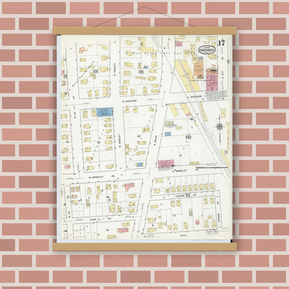 Old map wall art mockup — magnetic wood frame on brick wall — Sanborn Fire Insurance Map from Ann Arbor, Washtenaw County, Michigan (1916), Sheet #0017
