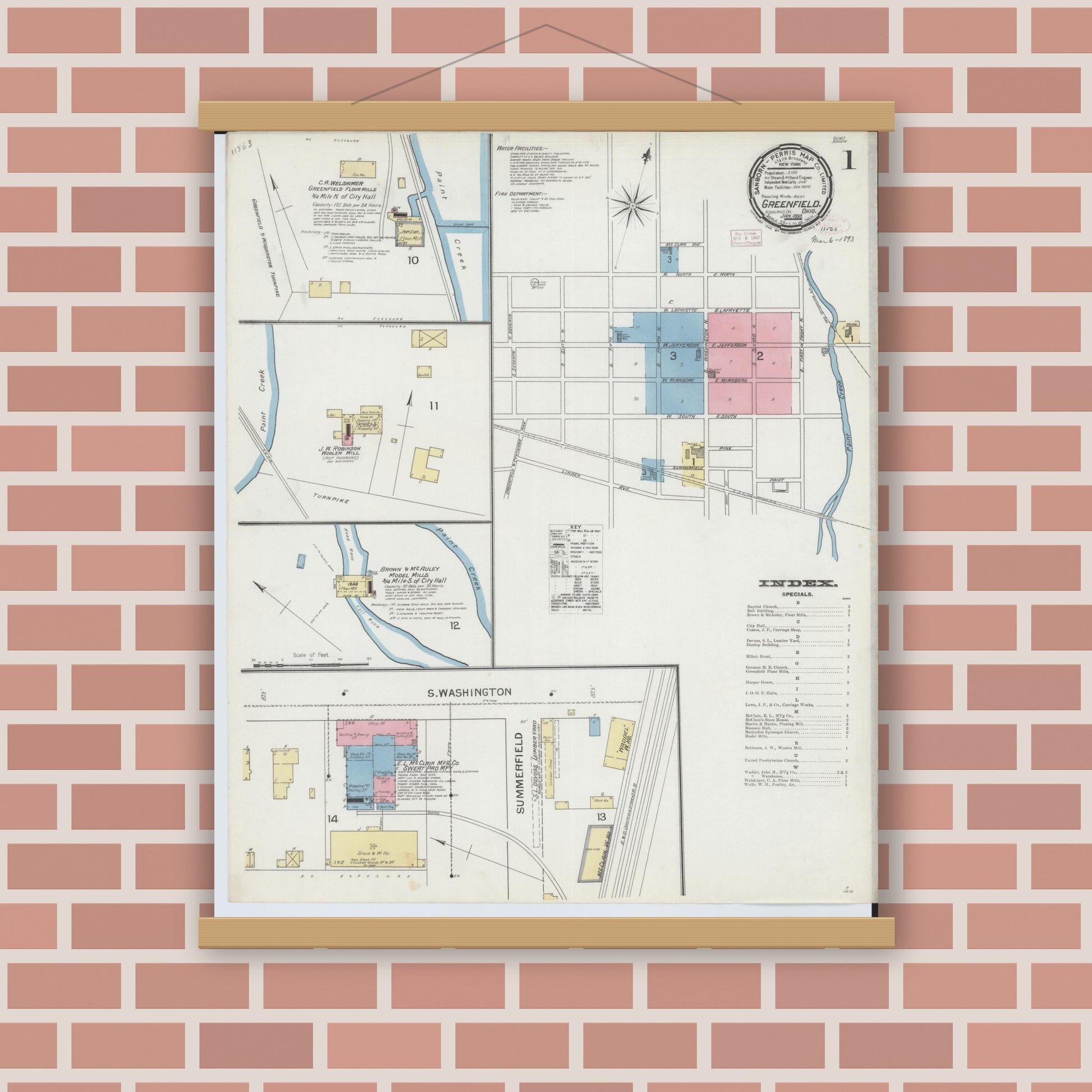 Old map wall art mockup — magnetic wood frame on brick wall — Sanborn Fire Insurance Map from Greenfield, Highland County, Ohio (1893) - Complete Map Set
