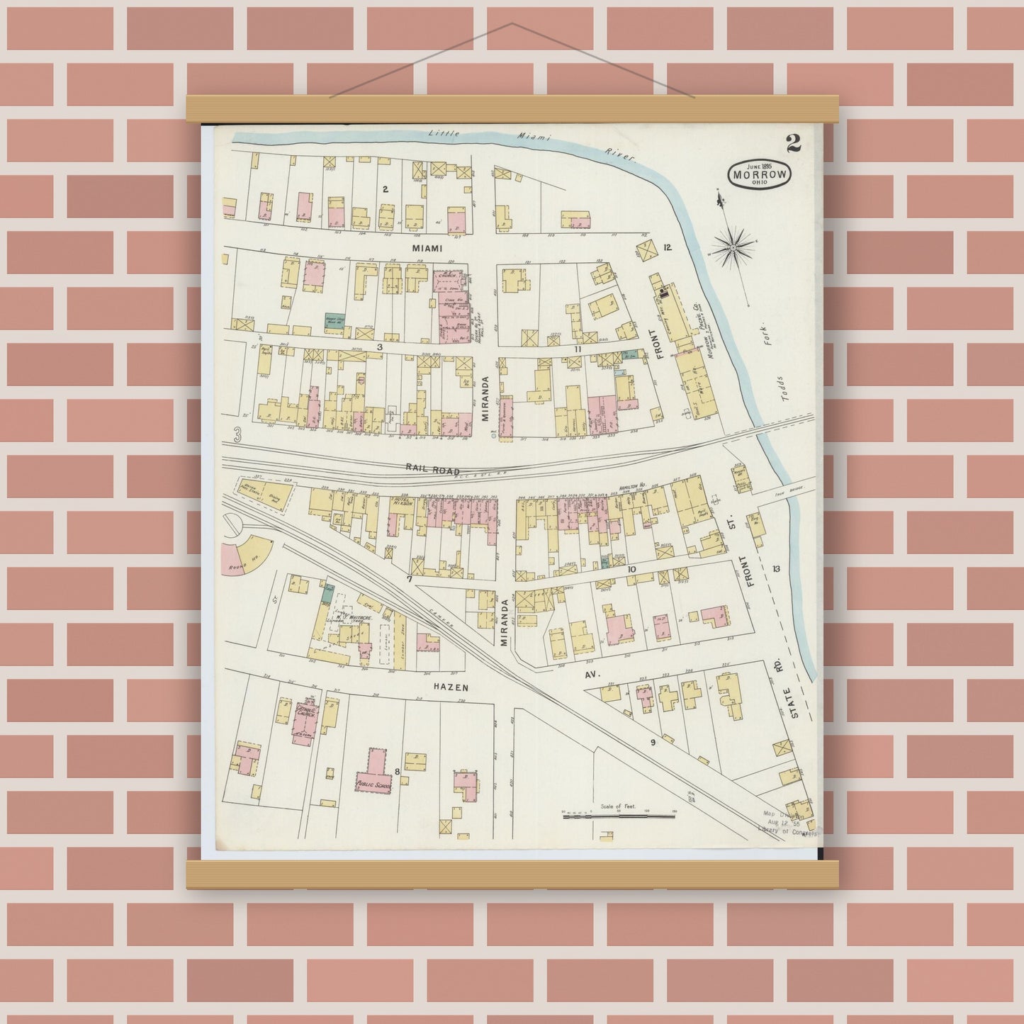 Old map wall art mockup — magnetic wood frame on brick wall — Sanborn Fire Insurance Map from Morrow, Warren County, Ohio (1895), Sheet #0002