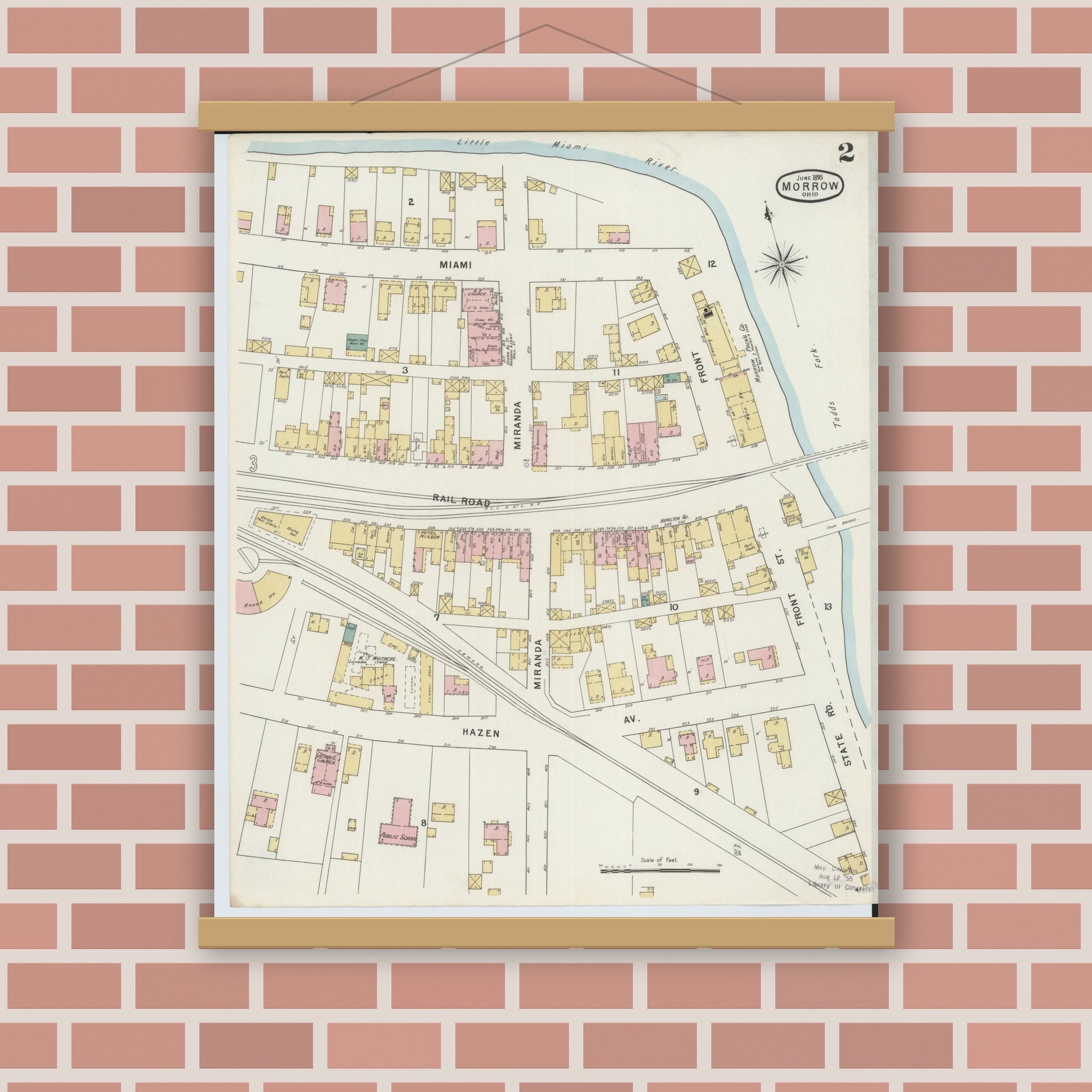 Old map wall art mockup — magnetic wood frame on brick wall — Sanborn Fire Insurance Map from Morrow, Warren County, Ohio (1895), Sheet #0002