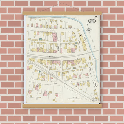 Old map wall art mockup — magnetic wood frame on brick wall — Sanborn Fire Insurance Map from Morrow, Warren County, Ohio (1895), Sheet #0002