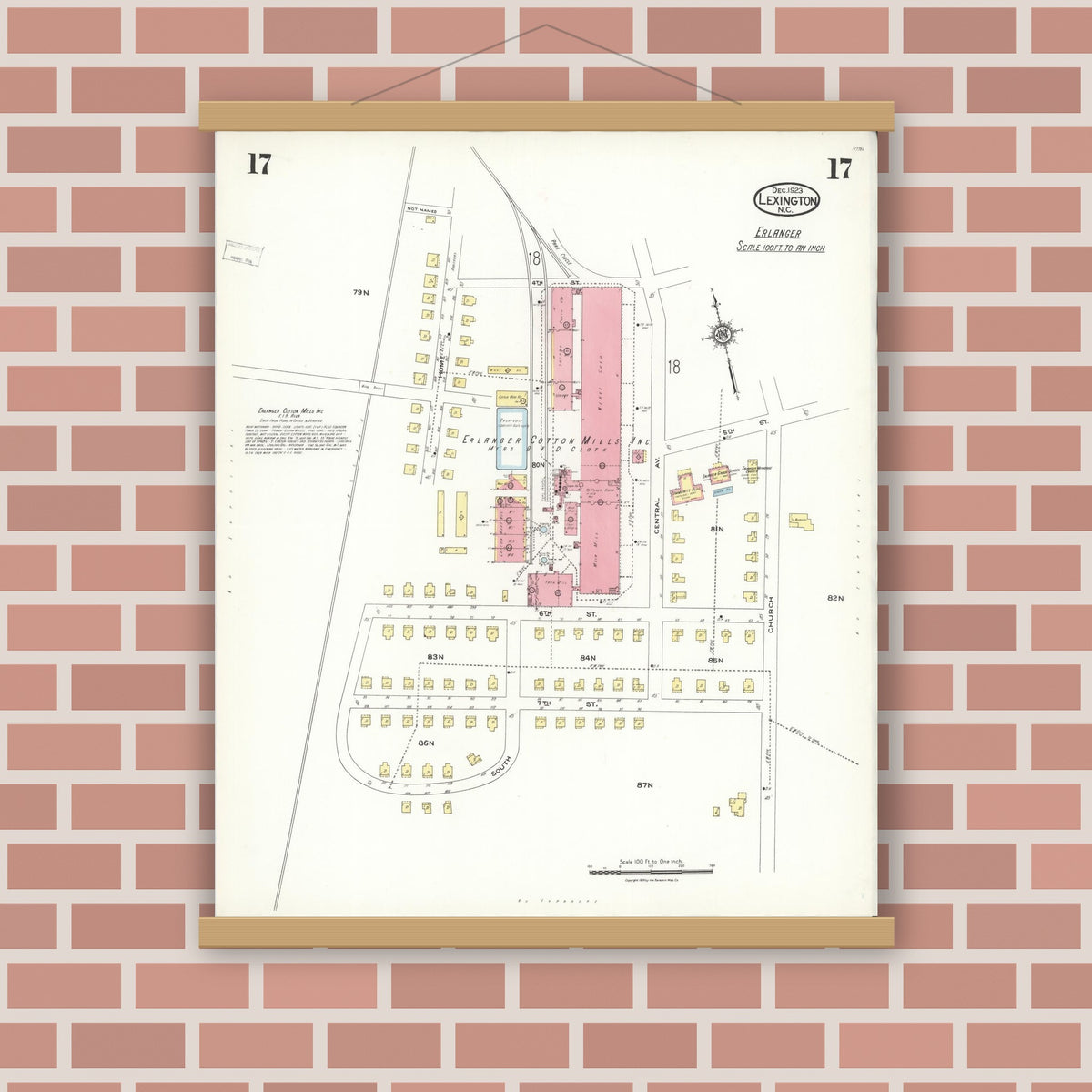 Old map wall art mockup — magnetic wood frame on brick wall — Sanborn Fire Insurance Map from Lexington, Davidson County, North Carolina (1923), Sheet #0017
